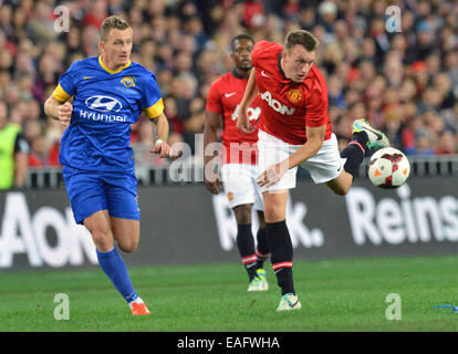 L'Australie jouer Manchester United A-League All Stars pendant leur tournée d'avant-saison 2013 avec : Phil Jones Où : Homebush, New South Wales, Australie Quand : 20 juillet 2013 Banque D'Images