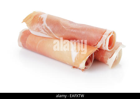 Tranches de prosciutto italien laminées, isolated on white Banque D'Images