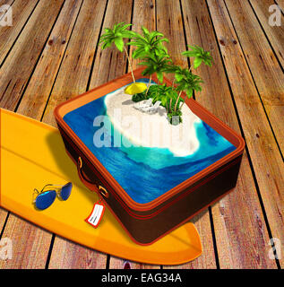 Île tropicale dans une valise de voyage. Arrière-plan de déplacement. Banque D'Images