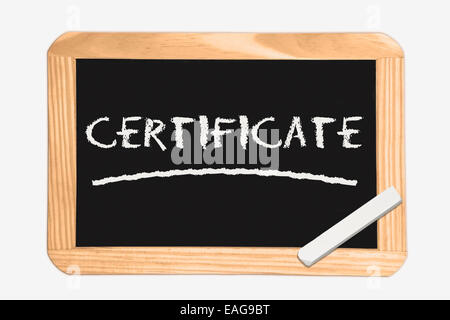 Tableau noir avec l'inscription, un certificat, un morceau de craie blanche dans le coin Banque D'Images