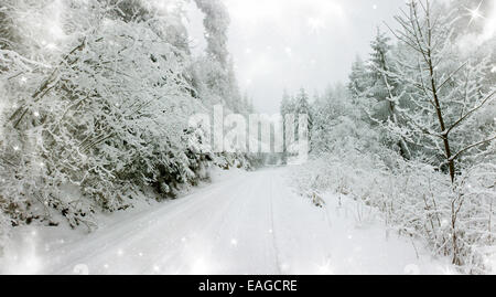 Noël arrière-plan avec chemin dans la forêt enneigée Banque D'Images