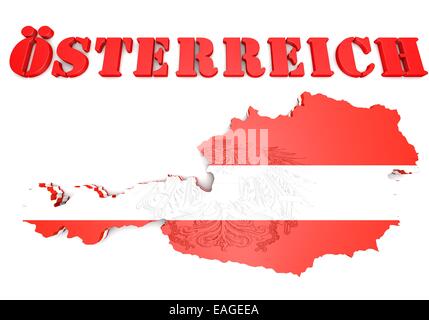 Illustration 3D de la carte de l'Autriche avec drapeau et d'armoiries Banque D'Images
