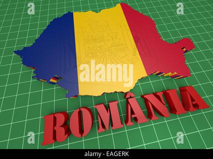 Illustration 3D de la carte de la Roumanie avec drapeau et d'armoiries Banque D'Images