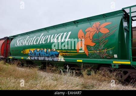 La Saskatchewan grain de marchandises de camions sur le chemin de fer Canadien Pacifique Saskatchewan Canada Banque D'Images