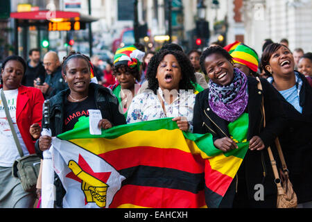 Londres, Royaume-Uni. 15 novembre, 2014. Une délégation de Zimbabwéens de l'hebdomadaire Zimbabwe Vigil protestation qui a eu lieu au Zimbabwe House à Londres depuis plus de 10 ans, a présenté une pétition à Downing Street s'opposant à la levée des sanctions de l'UE contre le vieillissement le régime de Mugabe malgré le fait qu'il n'y a pas eu de réformes politiques dans les pays dont l'importante population de la diaspora sont privés de leur droit de vote, et où les procédures de montage et d'intimidation sont à l'ordre du jour dans des élections présidentielles et parlementaires. Crédit : Paul Davey/Alamy Live News Banque D'Images