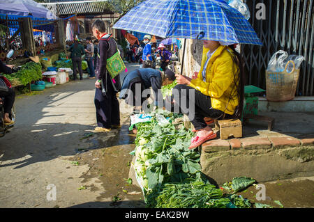 Le marché de la ville avec les gens des tribus des collines en robe ethnique de Sapa, Vietnam, Asie Banque D'Images