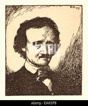 Portrait d'Edgar Allan Poe (1809-1849), illustration par Edmund Dulac (1882-1953) qui a illustré un recueil de ses travaux publiés en 1912. Banque D'Images