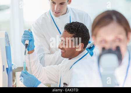 Le pipetage scientifique d'échantillon dans un tube à essai en laboratoire Banque D'Images