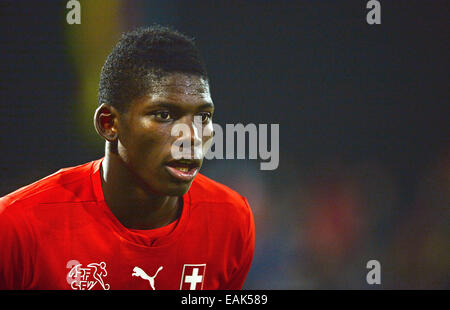 La grosse Caye Breel réagit au cours de l'U-20 international match entre l'Allemagne et la Suisse à Potsdam, Allemagne, 14 novembre 2014. Photo : Ralf Hirschberger/dpa Banque D'Images