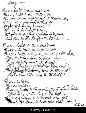 Autographe de Robert Burns, 1759 - 1796, un poète et écrivain écossais, Historische Handschrift, ein Lied von Robert Burns, 1759 - Banque D'Images