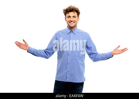 Happy man showing welcome sign isolé sur fond blanc Banque D'Images