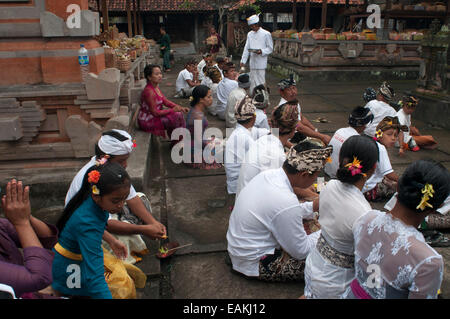 Une famille balinaise et amis prie à PURA TIRTA EMPUL temple hindou et un complexe de sources froides - TAMPAKSIRING, BALI, INDONÉSIE. Banque D'Images