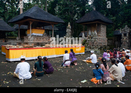 Une famille balinaise et amis prie à PURA TIRTA EMPUL temple hindou et un complexe de sources froides - TAMPAKSIRING, BALI, INDONÉSIE. Banque D'Images