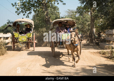 Les charrettes à cheval qui sont engagés pour tirer les touristes autour d'Inwa,Ava,près de Mandalay, Myanmar, Birmanie, Asie du Sud Est, Asie, Banque D'Images