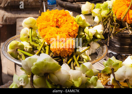 Floreal offrandes religieuses dans un temple bouddhiste à Bangkok, Thaïlande Banque D'Images