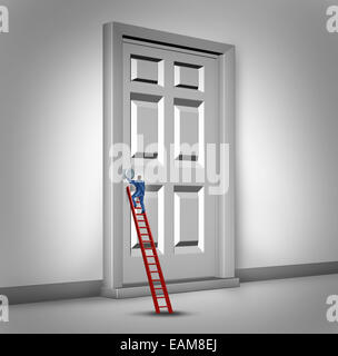 L'ouverture de la porte d'une personne comme l'ascension d'une échelle de réussite pour ouvrir une entrée fermée à l'occasion comme une métaphore pour l'avancement de carrière défi ou la bureaucratie. Banque D'Images