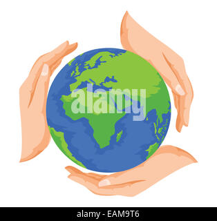 Vector illustration de mains la protection de la terre, sauver la terre concept. Banque D'Images