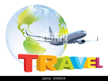 Avion de ligne survolant la terre, voyage mot globe dans l'arrière-plan Banque D'Images