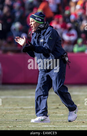 Kansas City, MO, USA. 16 Nov, 2014. L'entraîneur-chef Seattle Seahawks Pete Carroll au cours de la NFL match entre les Seattle Seahawks et les Kansas City Chiefs au Arrowhead Stadium de Kansas City, MO. Les chefs défait les Seahawks 24-20. © csm/Alamy Live News Banque D'Images