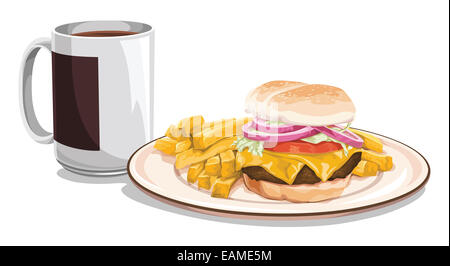 Vector illustration of tea mug avec burger et frites pour le petit-déjeuner. Banque D'Images