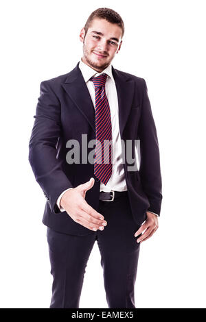 Un jeune homme d'accueil et de préparation de handshake isolated over a white background Banque D'Images