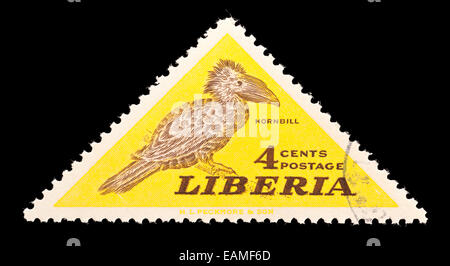 Timbre-poste du Libéria représentant un oiseau calao. Banque D'Images