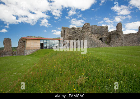 Ruines du 13e siècle à côté du château de Denbigh centre d'accueil moderne avec de l'herbe avec des fleurs sauvages et de rousseur sous ciel bleu, au Pays de Galles Banque D'Images