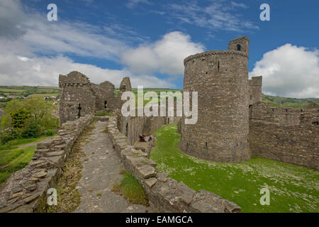 Vue du mur de pierre haut de grande section interne & Towers des ruines, château de Kidwelly & ses terres agricoles sous le ciel bleu, au Pays de Galles Banque D'Images