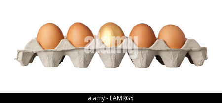 Un œuf d'or au milieu d'un bac d'oeufs isolé sur fond blanc Banque D'Images