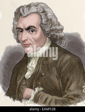 Jean-Jacques Rousseau (1712-1778). Le philosophe genevois, auteur et compositeur. Portrait. Gravure par Sadurni. De couleur. Banque D'Images