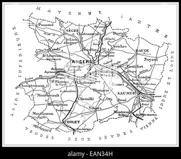 Plan du département de Maine-et-Loire, vintage engraved illustration. Journal des voyages, Journal de voyage, (1879-1880). Banque D'Images