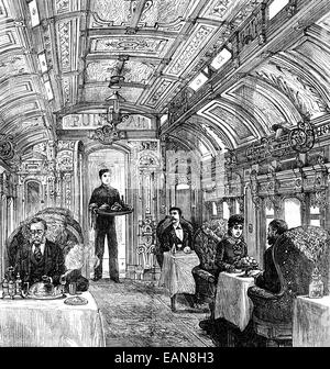 Les voitures de la Pacific Railroad. La voiture-restaurant, vintage engraved illustration. Journal des voyages, Journal de voyage, (1879-1880). Banque D'Images