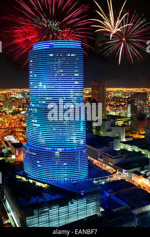 Vue de la ville de Miami au cours d'un feu d'artifice. Banque D'Images