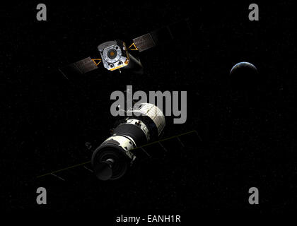 Une plate-forme de maintenance orbitales habitées (OMP) rendezvouses avec la NASA's Chandra X-ray Observatory pour la maintenance et la mise à niveau. Cheminée Banque D'Images