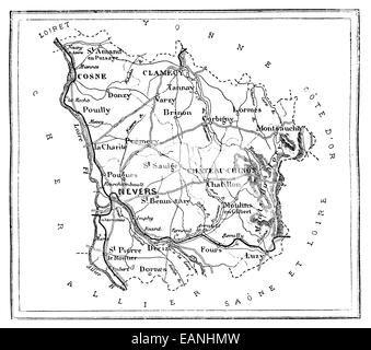 Plan du département de la Nièvre, vintage engraved illustration. Journal des Voyage, Journal de voyage, (1879-1880). Banque D'Images