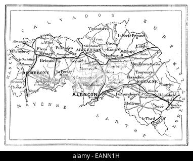 Plan du département de l'Orne, vintage engraved illustration. Journal des Voyage, Journal de voyage, (1880-1881). Banque D'Images