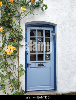 La porte du chalet bleu pâle avec verre brillant entouré de murs blancs et rosiers grimpants à fleurs jaunes, dans village gallois Banque D'Images