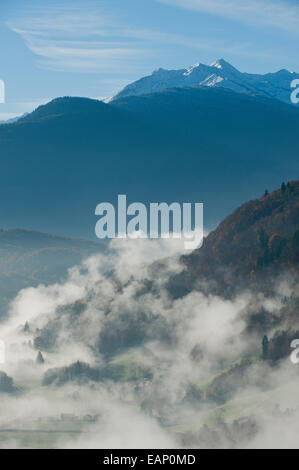 Val d'Arly, Savoie, France. 19 novembre, 2014. La brume se lève comme l'aurore se réchauffe après une nuit froide. Après plusieurs jours de temps de pluie à basse altitude et de la neige à haute altitude le matin rompt avec un ciel bleu clair. Credit : Graham M. Lawrence/Alamy Live News. Banque D'Images