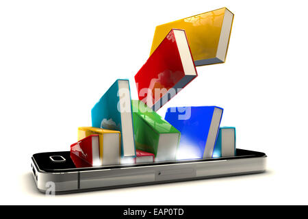 Smartphone avec books isolé sur fond blanc Banque D'Images