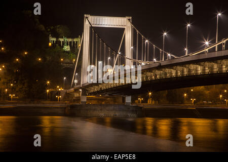 L'Elizabeth Bridge belle architecture historique, Budapest, en raison de la chaude lumière dans le Danube ci-dessous. Banque D'Images