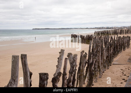 Groynes en bois sur la plage de St Malo, Bretagne, France Banque D'Images