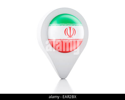 Image du pointeur de carte sur l'icône du drapeau de l'Iran sur fond blanc. Moteur de rendu 3D Banque D'Images