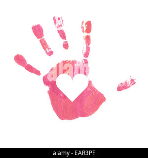 Close up of pink handprint, enfant 4 ans et plus, isolé. Banque D'Images