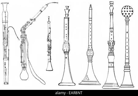 Diverses formes d'instruments à vent anciens, bombarde, hautbois, basson, cor anglais, ou Miriliton flûte eunuque, verschiedene Forme Banque D'Images