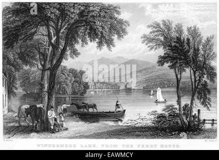 Une gravure intitulée "Lac Windermere, à partir de la gare Ferry' numérisées à haute résolution à partir d'un livre publié en 1834. Banque D'Images