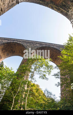 À la recherche jusqu'à un viaduc de chemin de fer avec des arbres autour, chapelle, Milton, Derbyshire Peak District, England, UK Banque D'Images