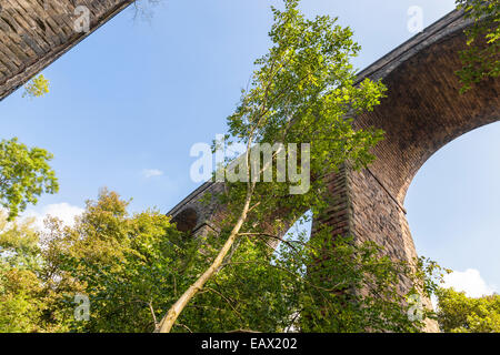 À la recherche jusqu'à un viaduc de chemin de fer avec des arbres autour, chapelle, Milton, Derbyshire Peak District, England, UK Banque D'Images