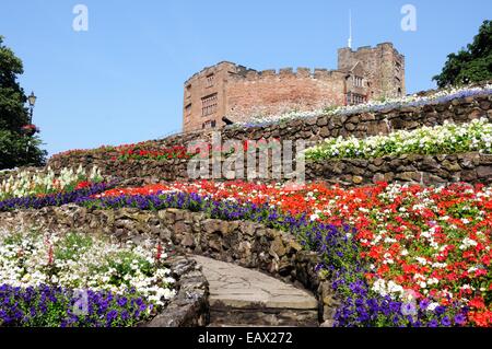 Vue sur les jardins du château avec le château normand à l'arrière, Tamworth, Staffordshire, Angleterre, Royaume-Uni, Europe de l'Ouest. Banque D'Images