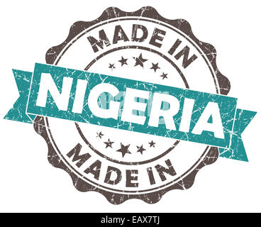 Made in Nigeria joint grunge turquoise isolé sur fond blanc Banque D'Images