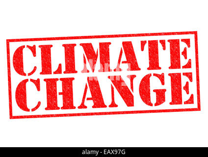 Le changement climatique de tampon en caoutchouc rouge sur un fond blanc. Banque D'Images